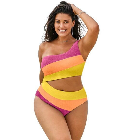 Swimsuits for All One Shoulder Color Block Cutout One Piece Swimsuit - Picture 2 of 3